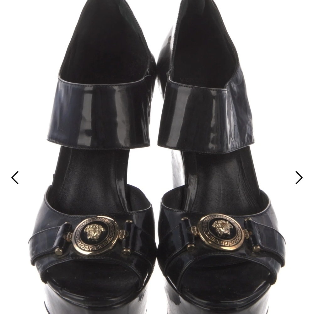 Versace Glossy Black Wedge Sandals - Picture 2 of 5